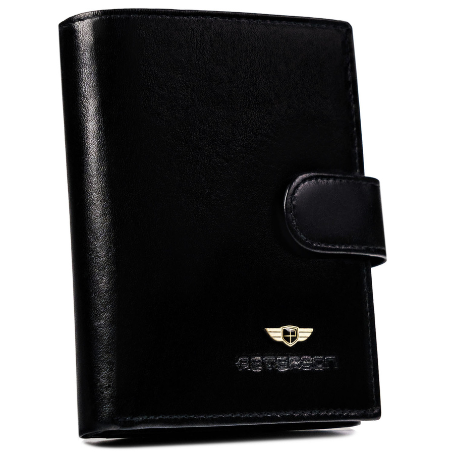 Duży portfel męski wykonany ze skóry naturalnej w czarnym kolorze, wyposażony w system RFID - Peterson