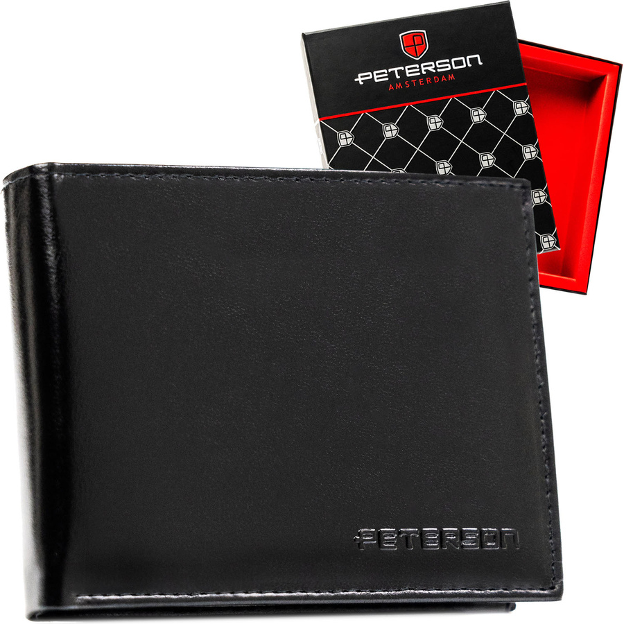Elegancki, czarny portfel męski ze skóry naturalnej bez zapięcia zewnętrznego - Peterson