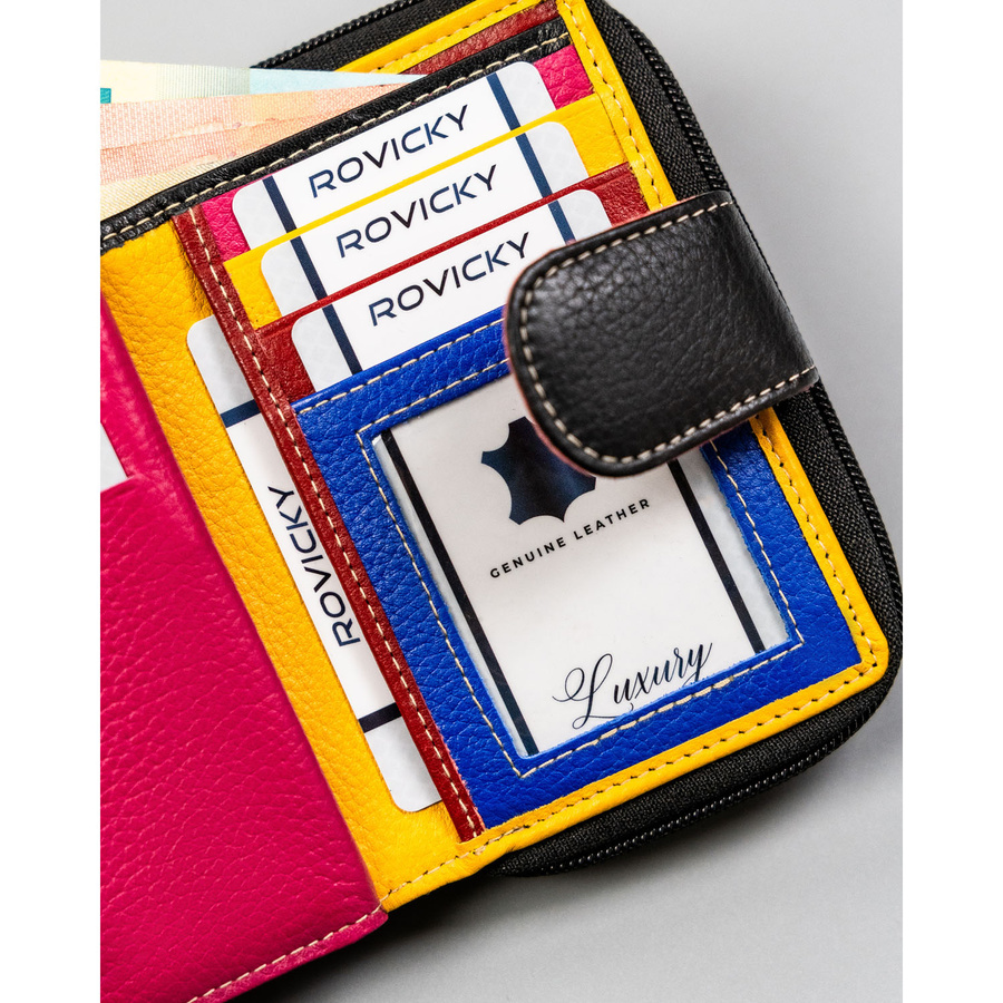 Stylowy, czarny, skórzany portfel damski na zatrzask i suwak - Rovicky