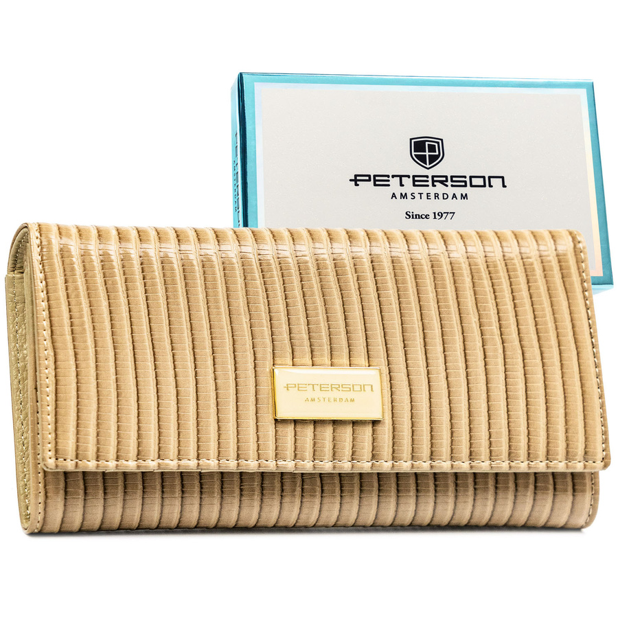 Beżowy portfel damski ze skóry naturalnej i ekologicznej w pleciony wzór - Peterson