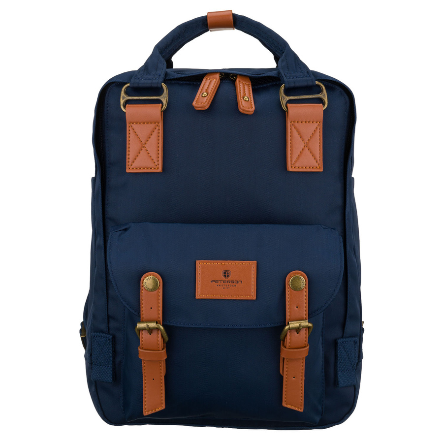 Granatowo-brązowy plecak damski z poliestru i skóry ekologicznej, zamykany suwakiem - Peterson