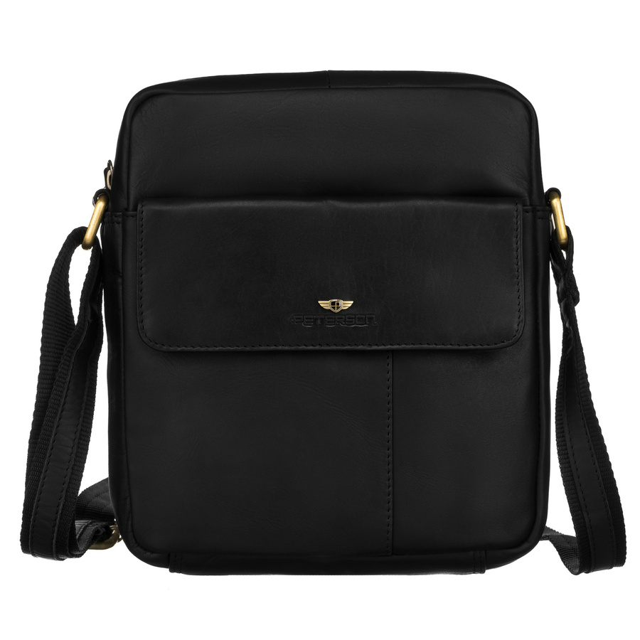 Skórzana, czarna listonoszka męska do pracy z saszetką w zestawie - Peterson 