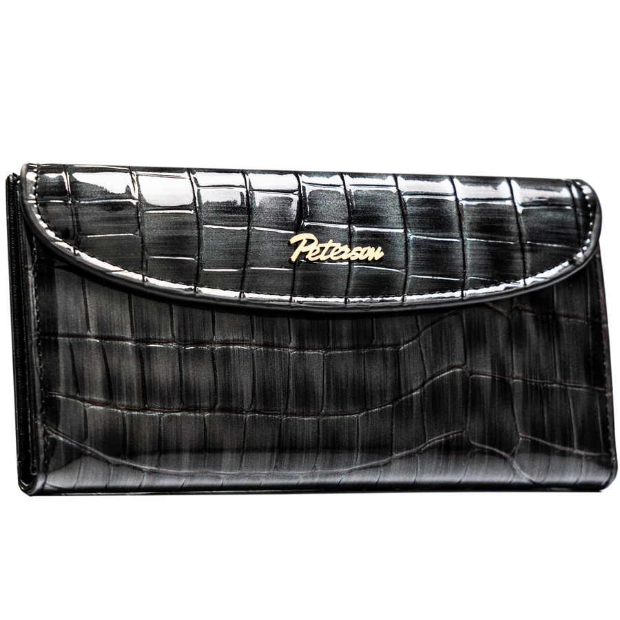 Szary portfel damski ze skóry ekologicznej z tłoczeniem na wzór skóry krokodyla, zamykany na zatrzask magnetyczny - Peterson