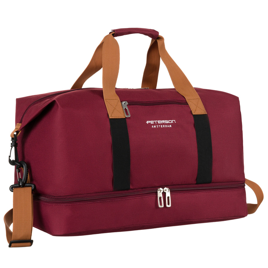 Pojemna torba weekendowa wykonana z poliestru w burgundowym kolorze, zamykana suwakiem - Peterson