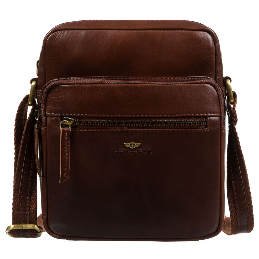 Skórzana, brązowa torebka męska zawieszona na pasku. W zestawie saszetka na klucze - Peterson