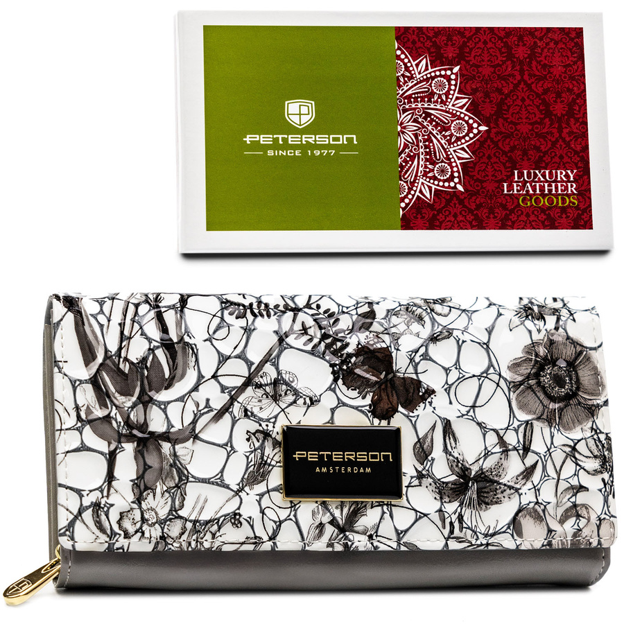 Damski portfel ze skóry naturalnej w kwiatowy wzór wyposażony w system RFID - Peterson