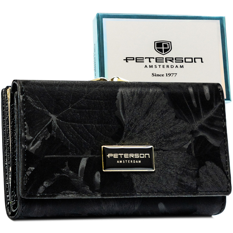 Poziomy, modny portfel damski ze skóry naturalnej i ekologicznej w czarnym kolorze - Peterson