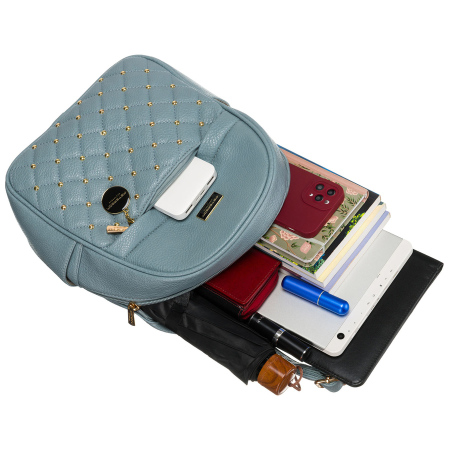 Niebieski, modny, pikowany plecak damski ze złotymi nitami i modnym brelokiem eko skóra Peterson