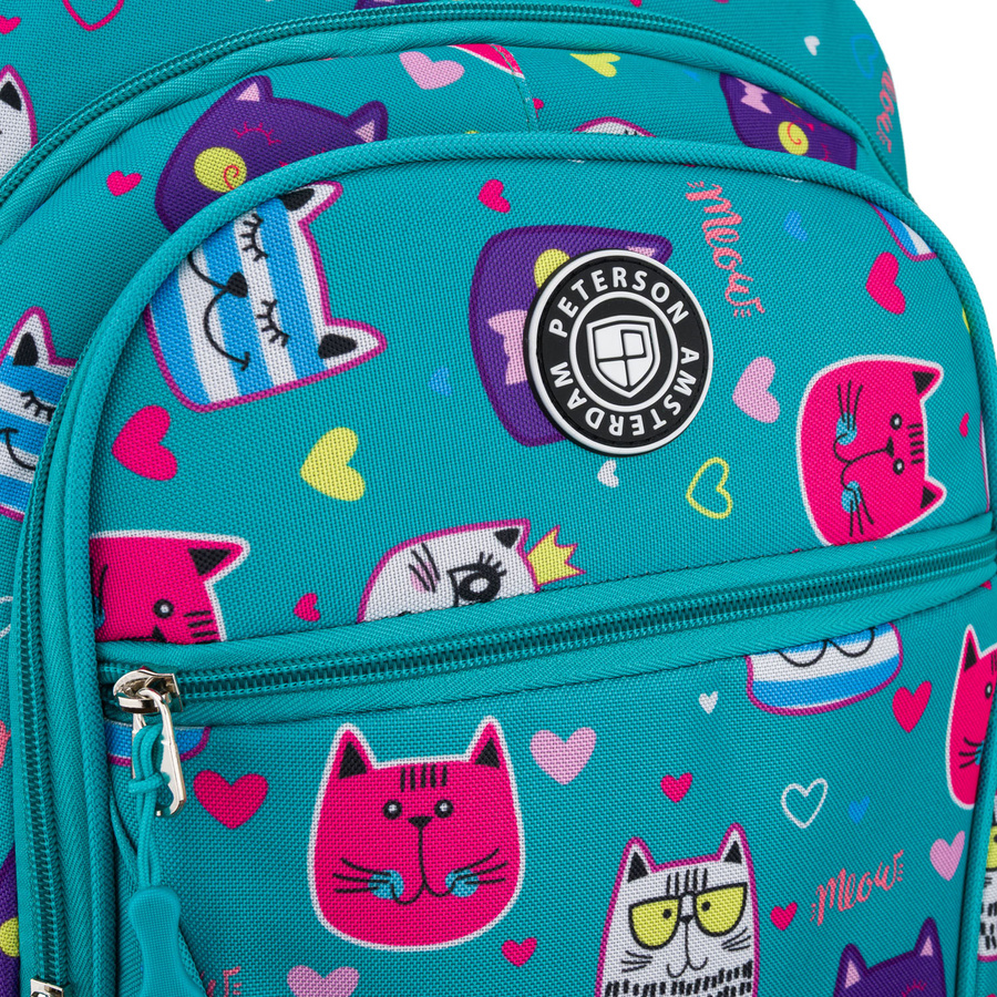 Młodzieżowy plecak szkolny odszyty z poliestru pokryty uroczym wzorem w kotki - Peterson