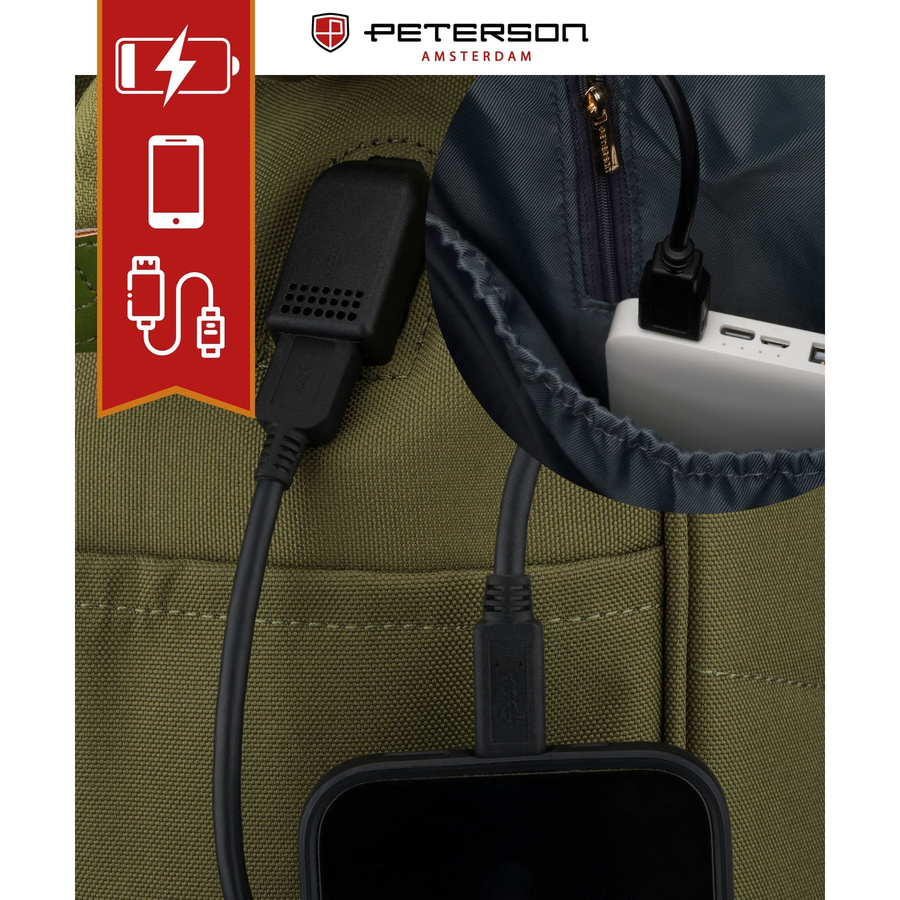 Zielony plecak damski z poliestru z miejscem na laptopa, zawieszony na regulowanych szelkach - Peterson