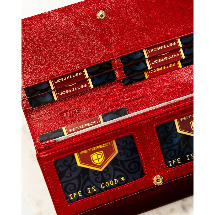 Duży, czerwony portfel damski z lakierowanej skóry naturalnej zamykany na zatrzask - Peterson