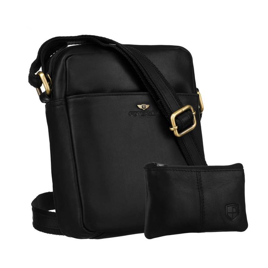 Klasyczna, czarna torba-listonoszka ze skóry naturalnej z etui na klucze w zestawie - Peterson