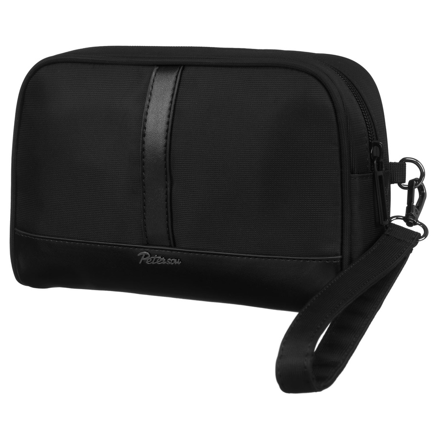 Saszetka męska do ręki wykonana z poliestru i skóry ekologicznej w czarnym kolorze - Peterson