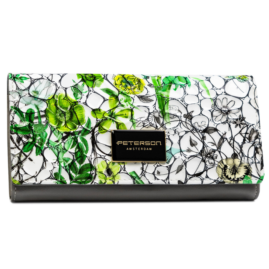 Poziomy, duży portfel damski w kwiatowy wzór z wewnętrzną kieszonką na suwak - Peterson