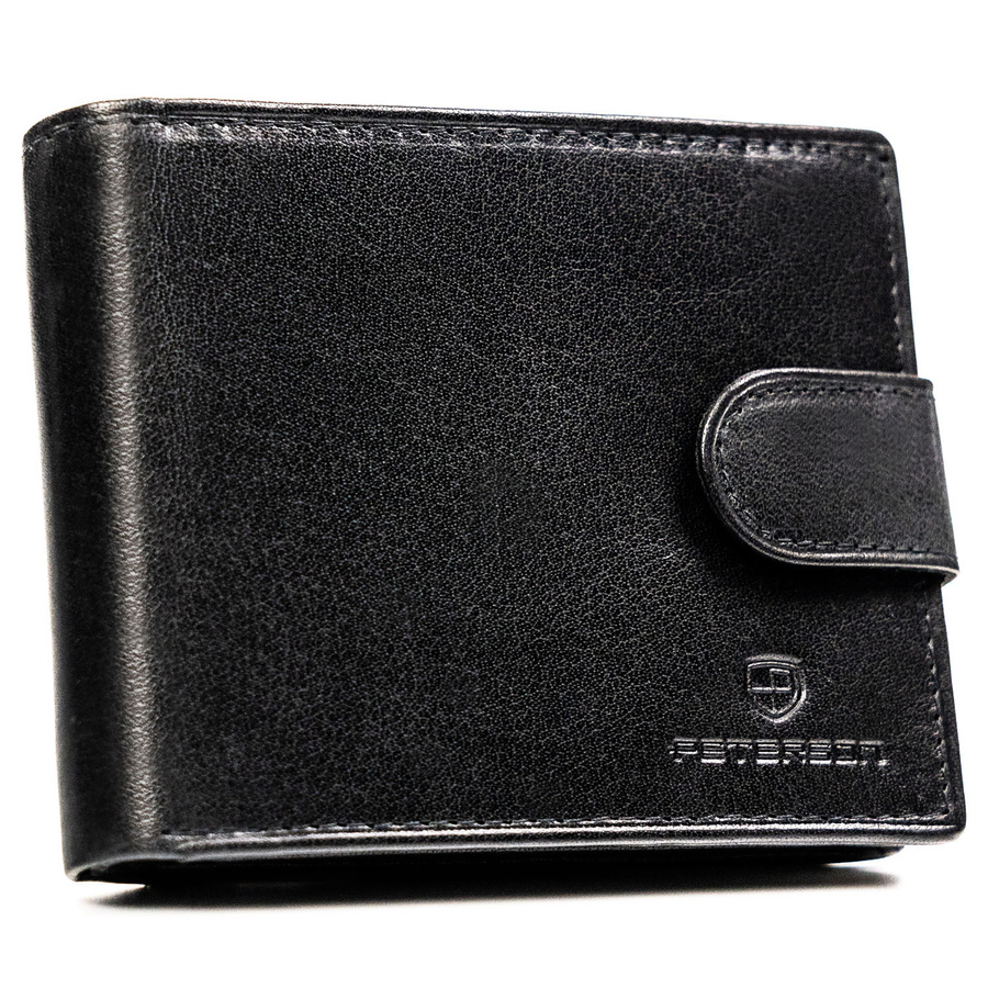 Poziomy portfel męski ze skóry naturalnej w czarnym kolorze wyposażony w system RFID - Peterson