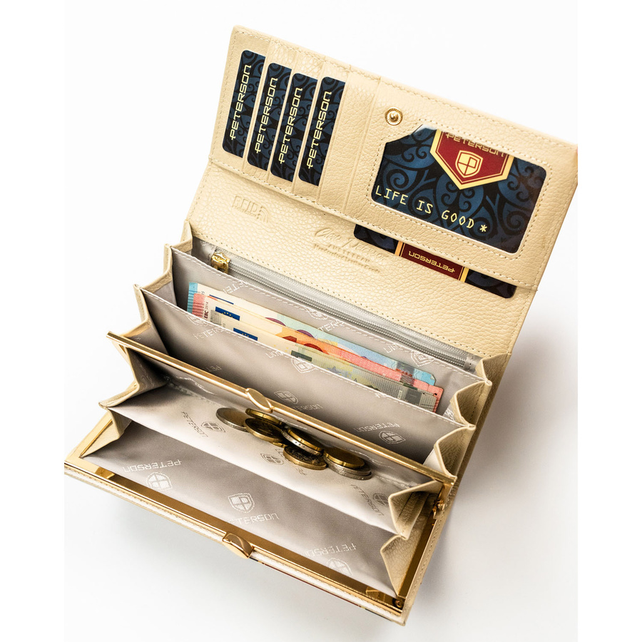 Beżowy portfel damski ze skóry naturalnej i ekologicznej w roślinny wzór - Peterson