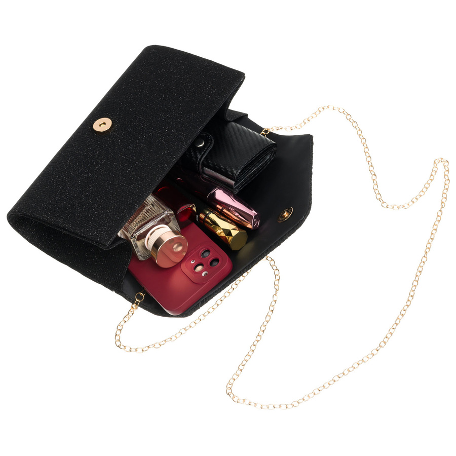 Czarna kopertówka damska ze wzorem w jodełkę zawieszona na łańcuszku - Rovicky