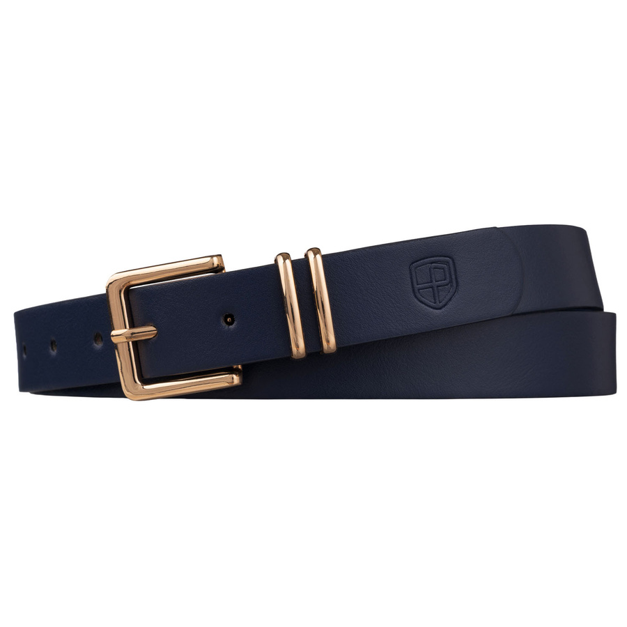 Wąski pasek damski ze skóry ekologicznej w granatowym kolorze ze złotą klamrą - Peterson