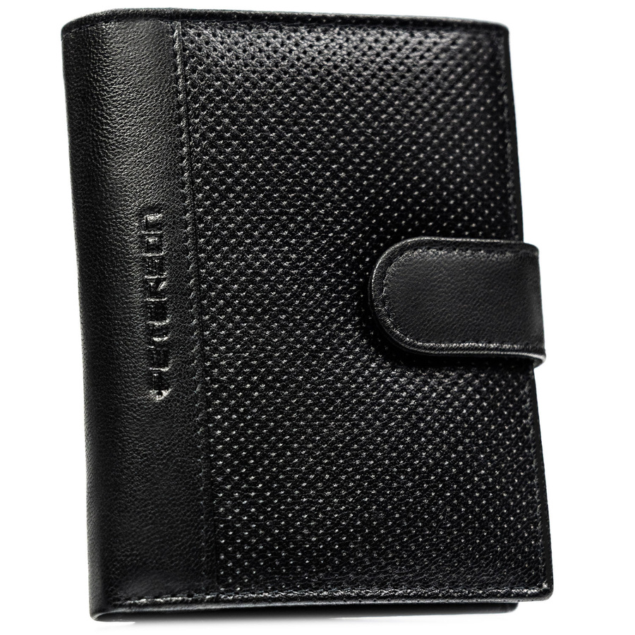 Skórzany, czarny portfel męski w orientacji pionowej zamykany zatrzaskiem - Peterson