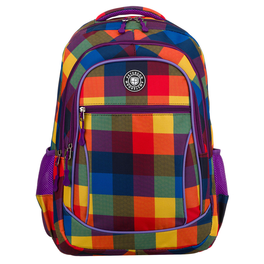 Plecak szkolny w kratę odszyty z poliestru, zawieszony na regulowanych szelkach - Peterson