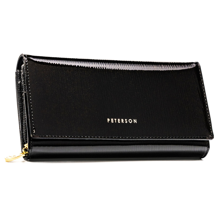Portfel damski ze skóry naturalnej w czarnym kolorze, wyposażony w system RFID - Peterson
