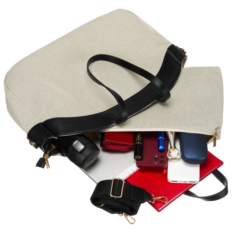 Miejska torba damska wykonana ze skóry naturalnej i włókna poliamidowego w beżowo-czarnym kolorze - Peterson