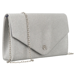 Brokatowa kopertówka damska w srebrnym kolorze zawieszona na eleganckim łańcuszku - Rovicky