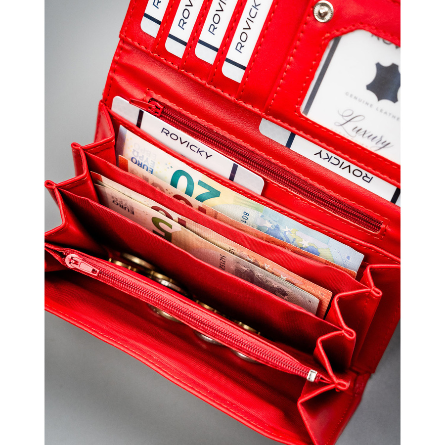 Czerwony, duży portfel damski ze skóry ekologicznej zamykany zatrzaskiem - 4U Cavaldi