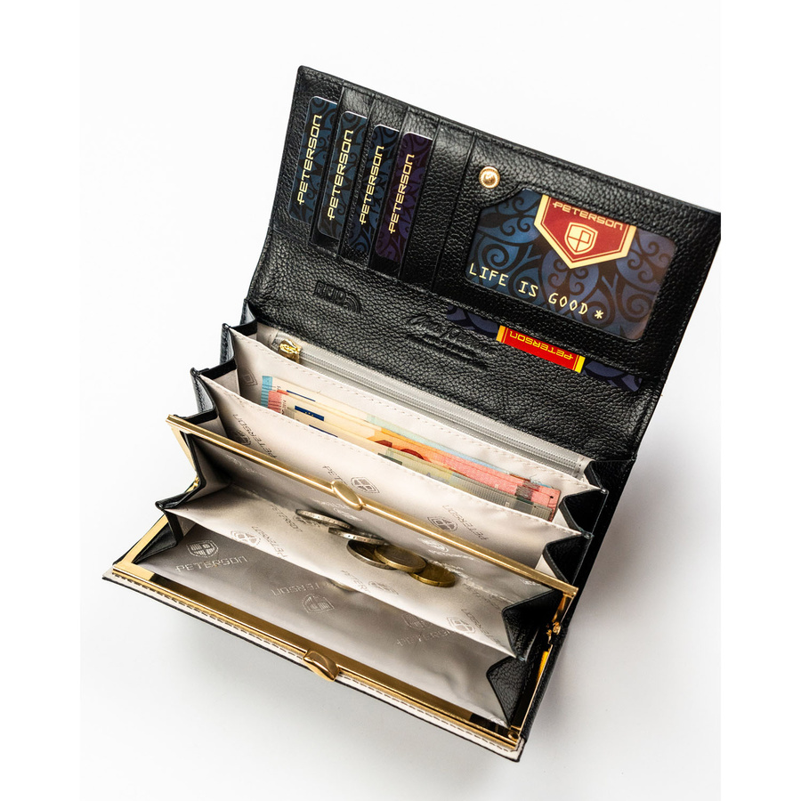 Duży portfel damski ze skóry naturalnej i ekologicznej w czarnym kolorze, zamykany zatrzaskiem - Peterson