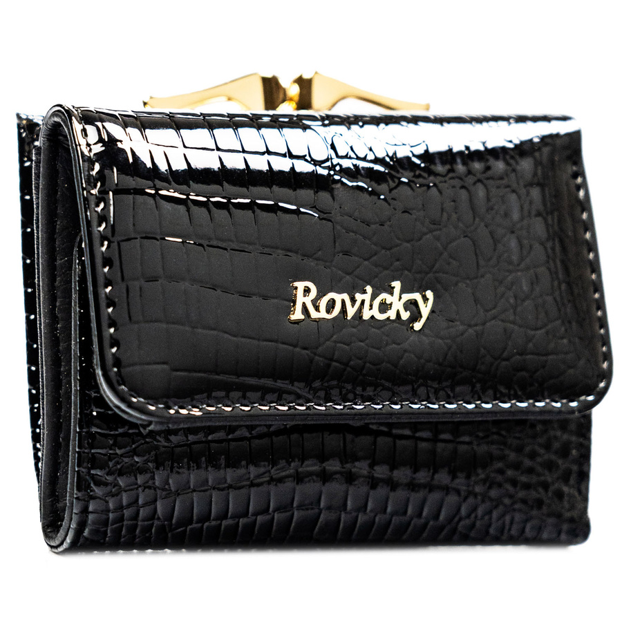 Mały, czarny portfel damski ze skóry naturalnej z systemem RFID - Rovicky