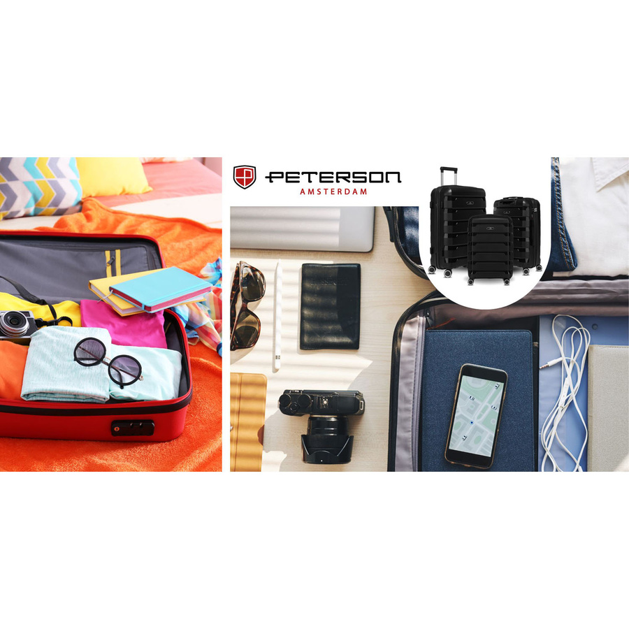 Czarna, średnia walizka z polipropylenu z obrotowymi kółkami - Peterson