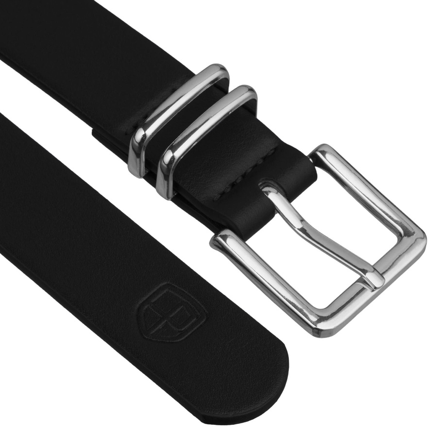 Czarny, wąski pasek damski ze skóry ekologicznej ze srebrną klamrą - Peterson