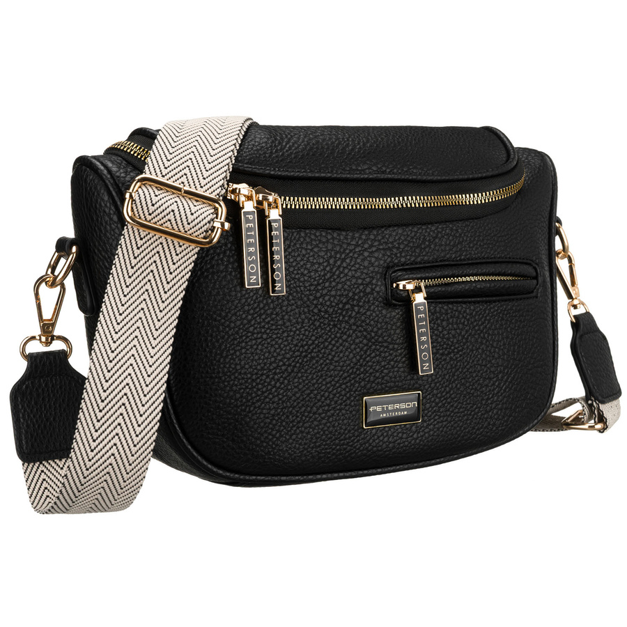 Czarna saszetka damska ze skóry ekologicznej z kieszenią na rewersie - Peterson