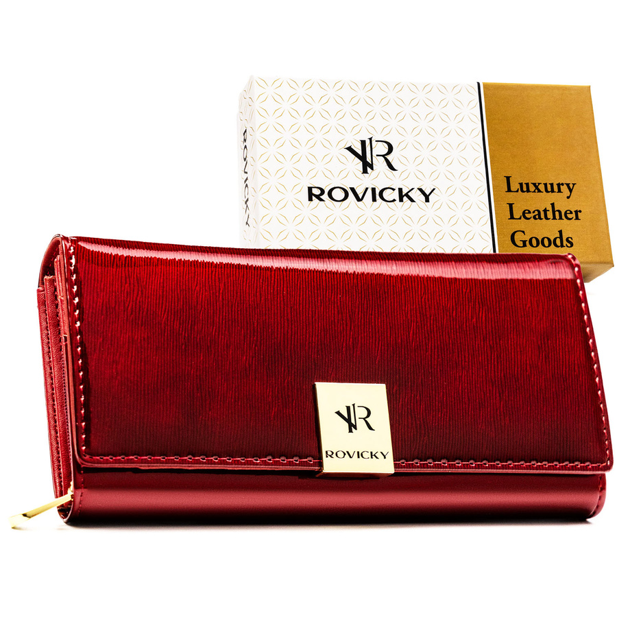 Skórzany, duży portfel damski w czerwonym kolorze zamykany na zatrzask - Rovicky