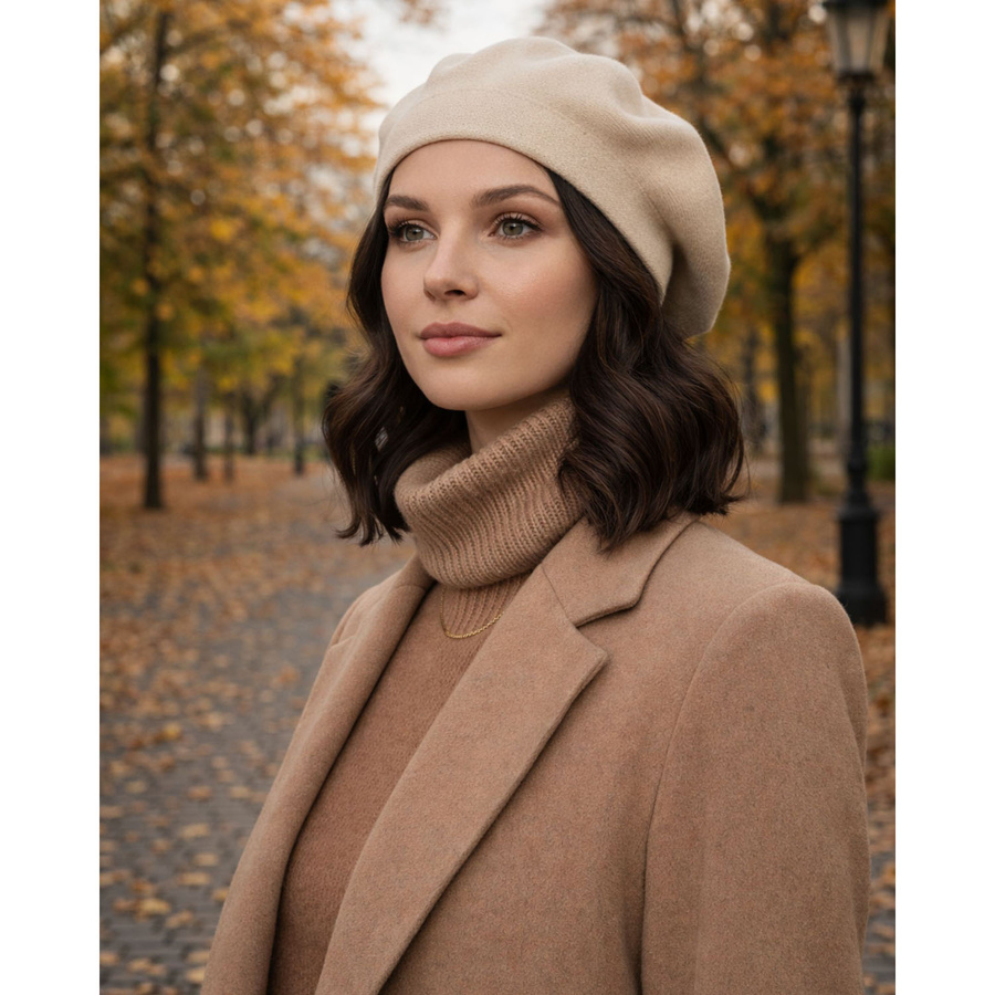 Uniwersalny beret damski wykonany z akrylu w jasnobeżowym kolorze - Peterson