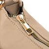 Beżowa listonoszka damska z nylonu i skóry ekologicznej zawieszona na uchwytach i dopinanym pasku - Peterson