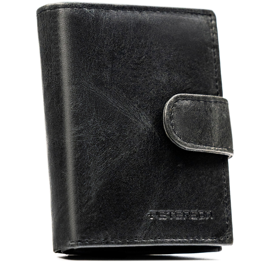 Czarny portfel męski ze skóry naturalnej wyposażony w system RFID, zamykany zatrzaskiem - Peterson