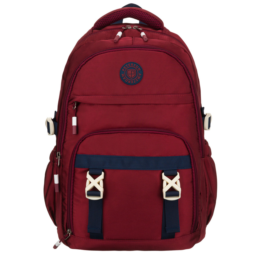 Bordowy plecak szkolny z poliestru wyposażony w boczne pasy kompresyjne - Peterson