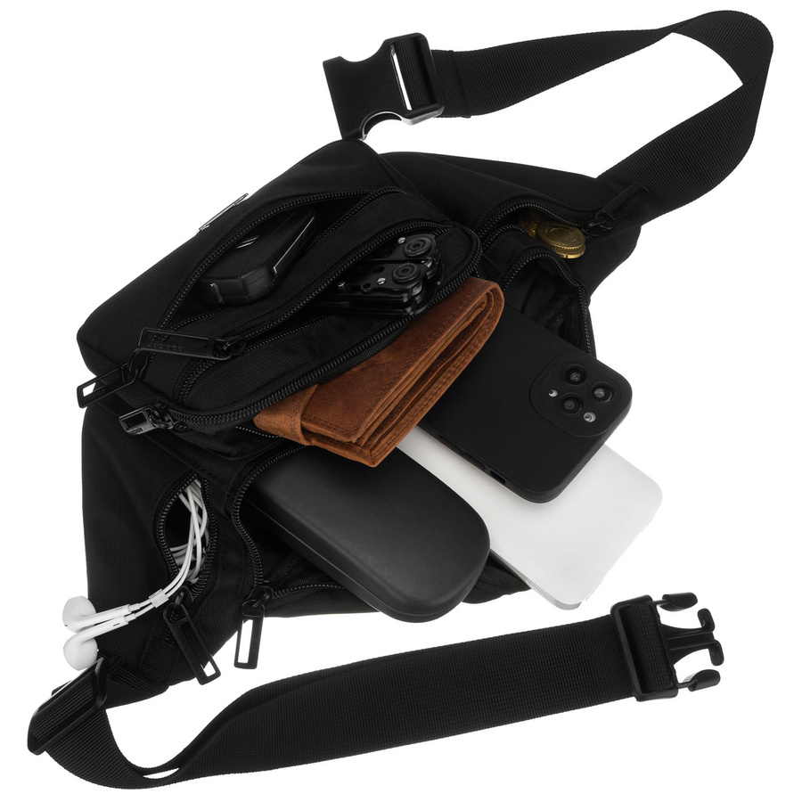 Czarna, sportowa nerka męska z sześcioma dodatkowymi kieszeniami - Rovicky