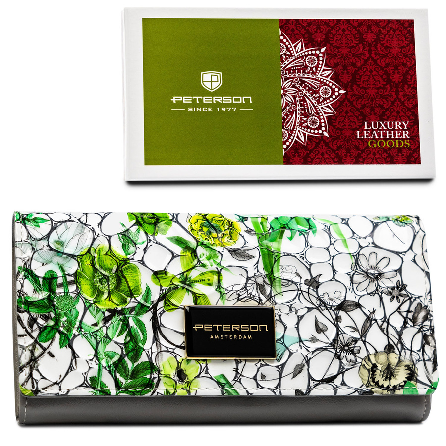 Poziomy, duży portfel damski w kwiatowy wzór z wewnętrzną kieszonką na suwak - Peterson