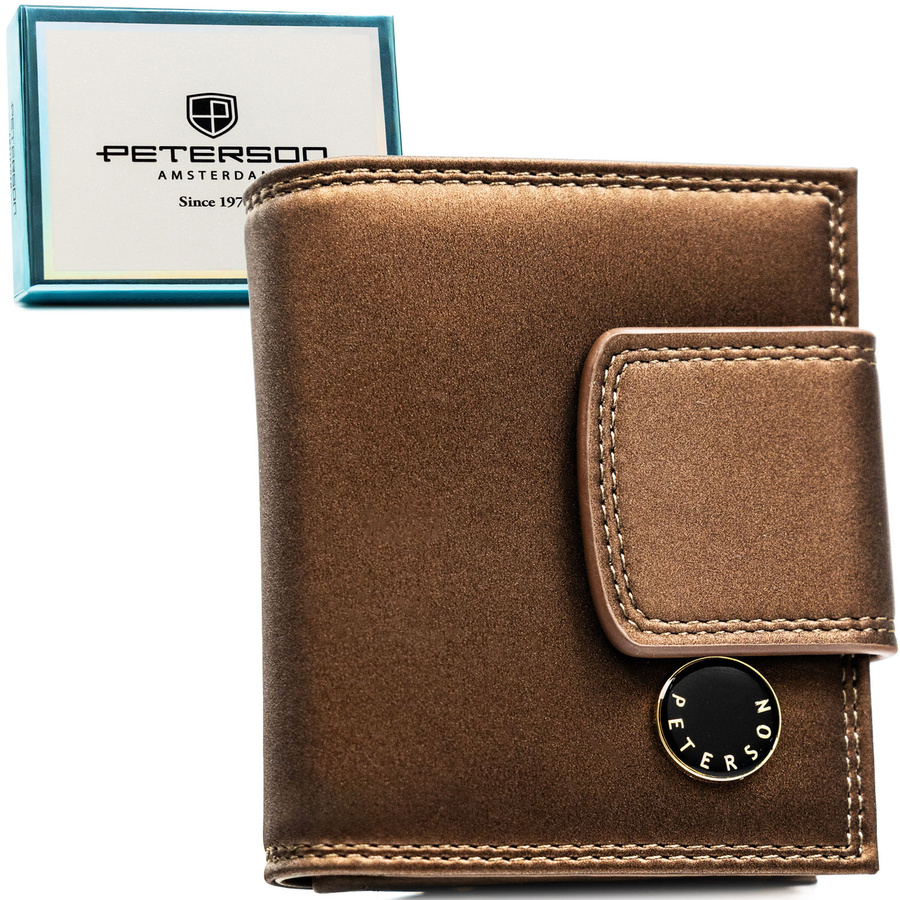 Brązowy portfel damski ze skóry naturalnej i ekologicznej, zamykany zatrzaskiem i biglem - Peterson