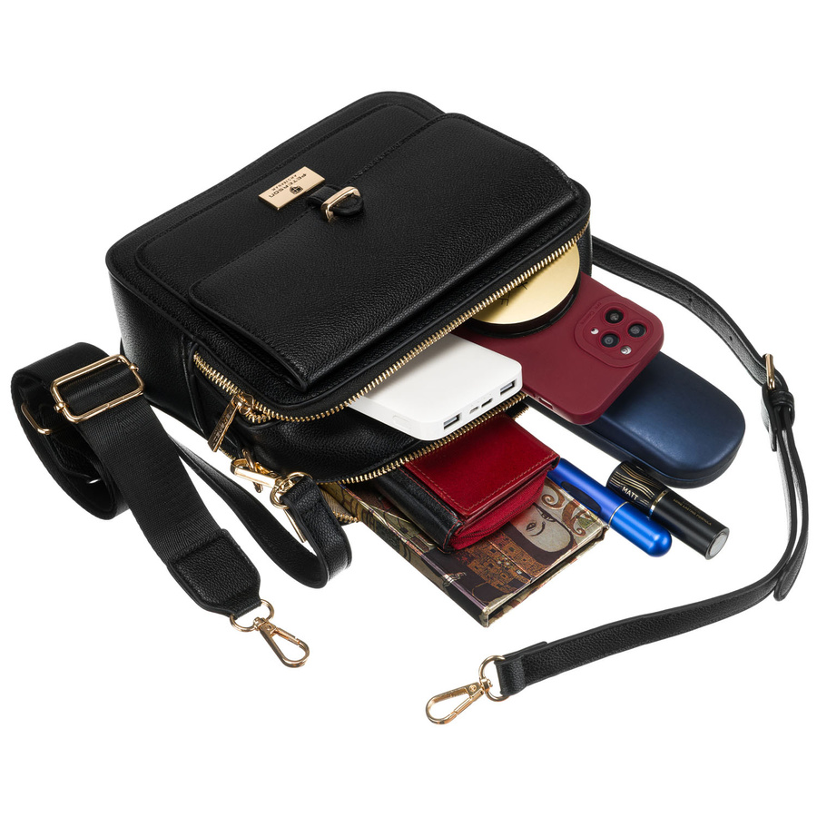 Czarna, miejska torba damska ze skóry ekologicznej z dwoma paskami w zestawie - Peterson