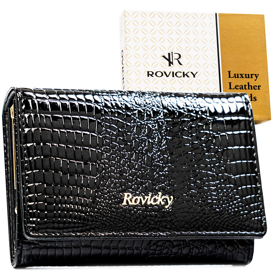 Średni, czarny portfel damski ze skóry naturalnej zamykany zatrzaskiem - Rovicky