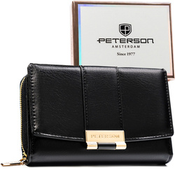 Poziomy portfel damski wykonany ze skóry ekologicznej w czarnym kolorze, zamykany na zatrzask - Peterson
