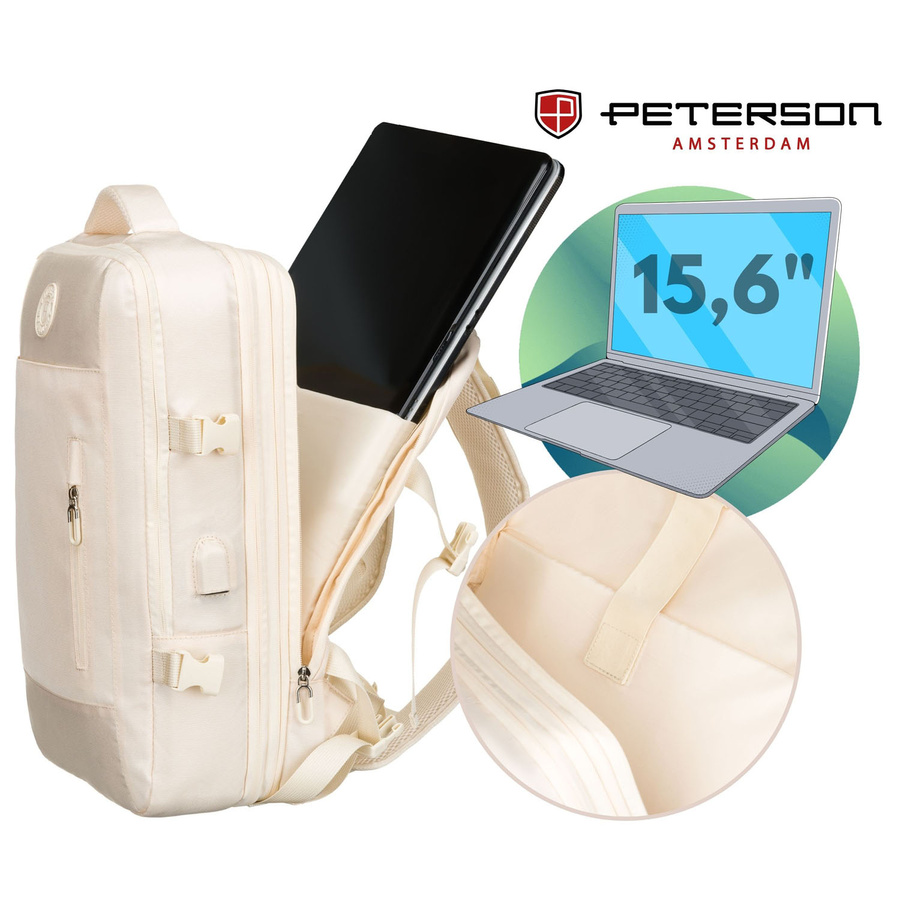 Praktyczny plecak podróżny w kolorze ecru, wyposażony w siatkowaną przegrodę i paski kompresyjne - Peterson
