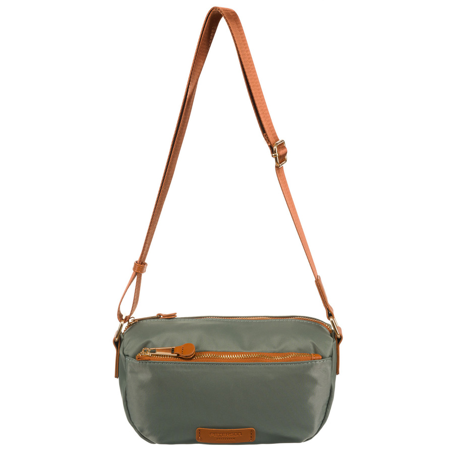 Nylonowa listonoszka damska w zielono-brązowym kolorze zawieszona na regulowanym pasku - Peterson