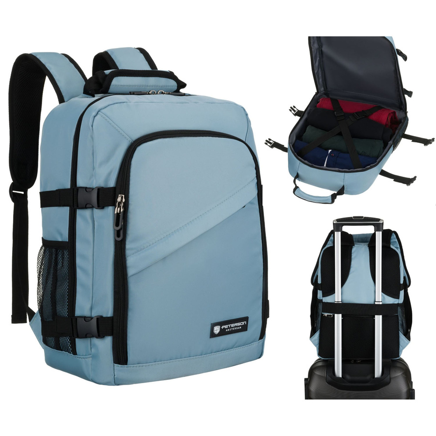 Plecak podróżny w niebieskim kolorze, dwukomorowy i zawieszony na regulowanych szelkach - Peterson