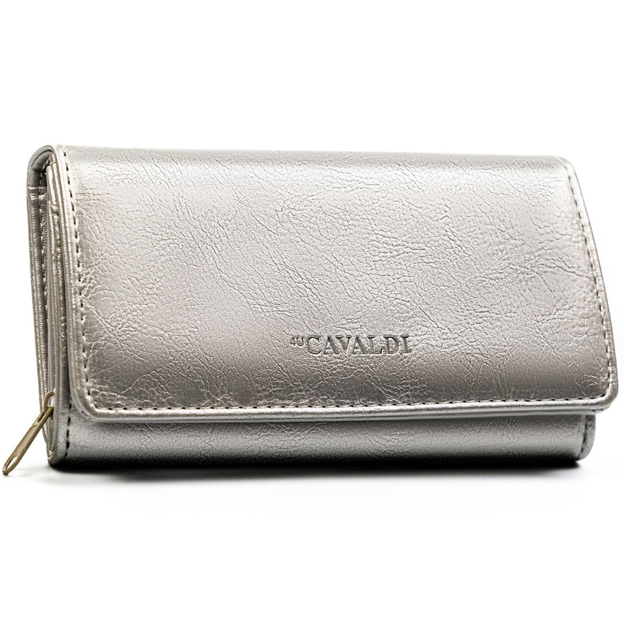 Duży, srebrny portfel damski ze skóry ekologicznej z kieszonką zewnętrzną - 4U Cavaldi