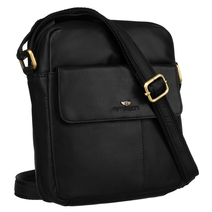 Skórzana, czarna listonoszka męska do pracy z saszetką w zestawie - Peterson 