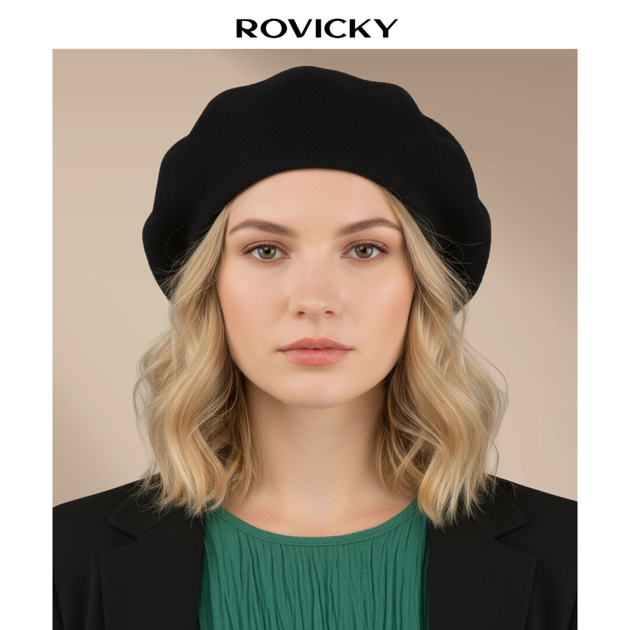 Ciepły, czarny beret damski wykonany z akrylu - Rovicky